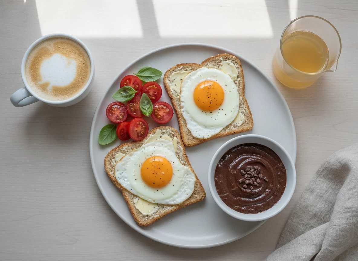 Fried eggs on toast with tomatoes and protein pudding photo