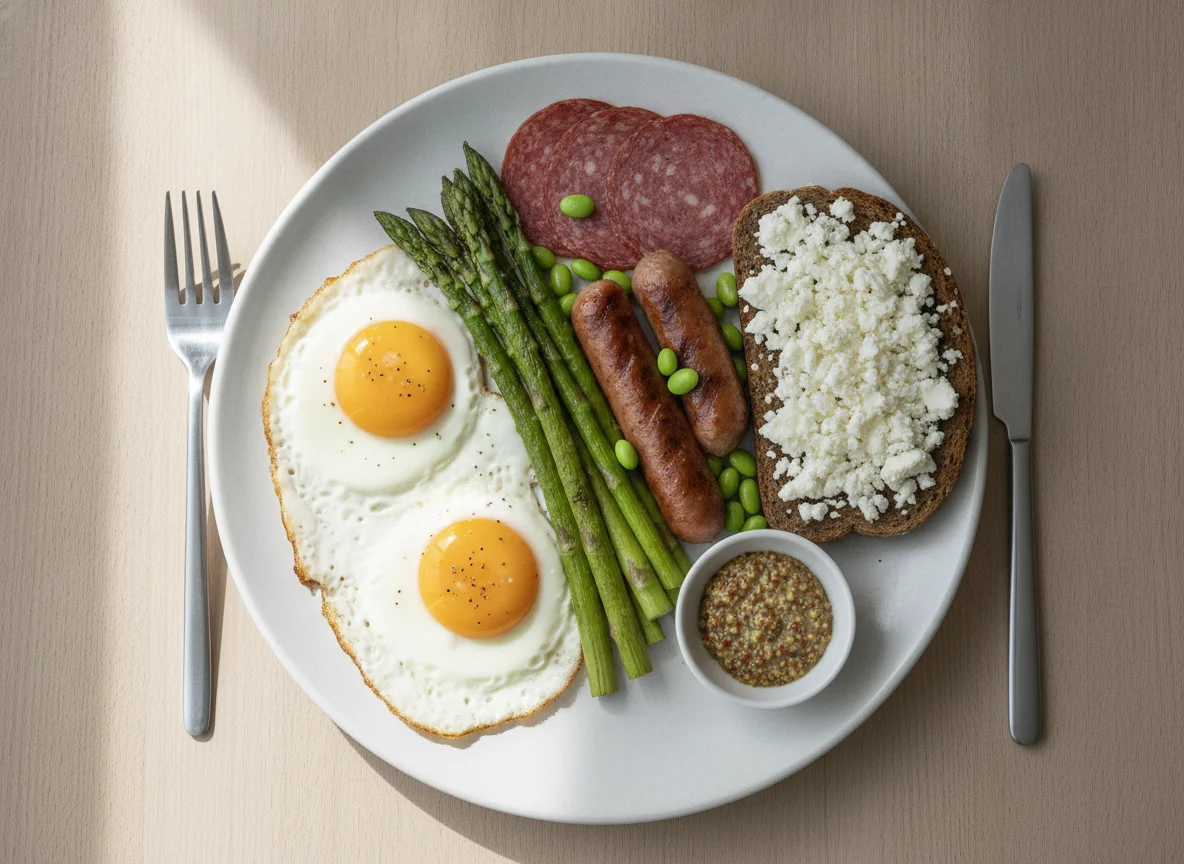 Fried eggs with asparagus, sausage, and side of rye bread with cheese photo