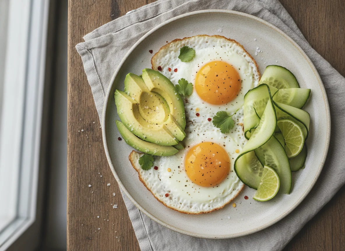 Fried eggs with avocado and cucumber photo
