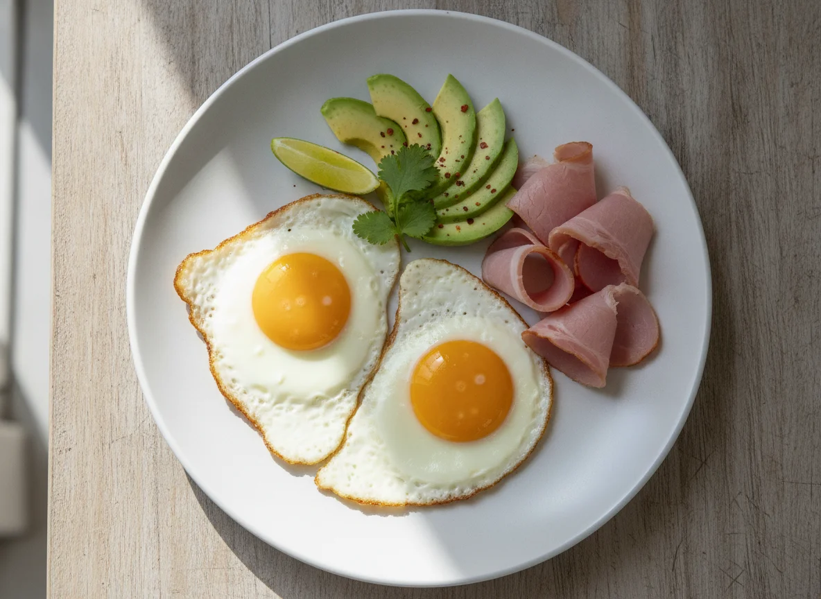 Fried eggs with avocado and ham photo