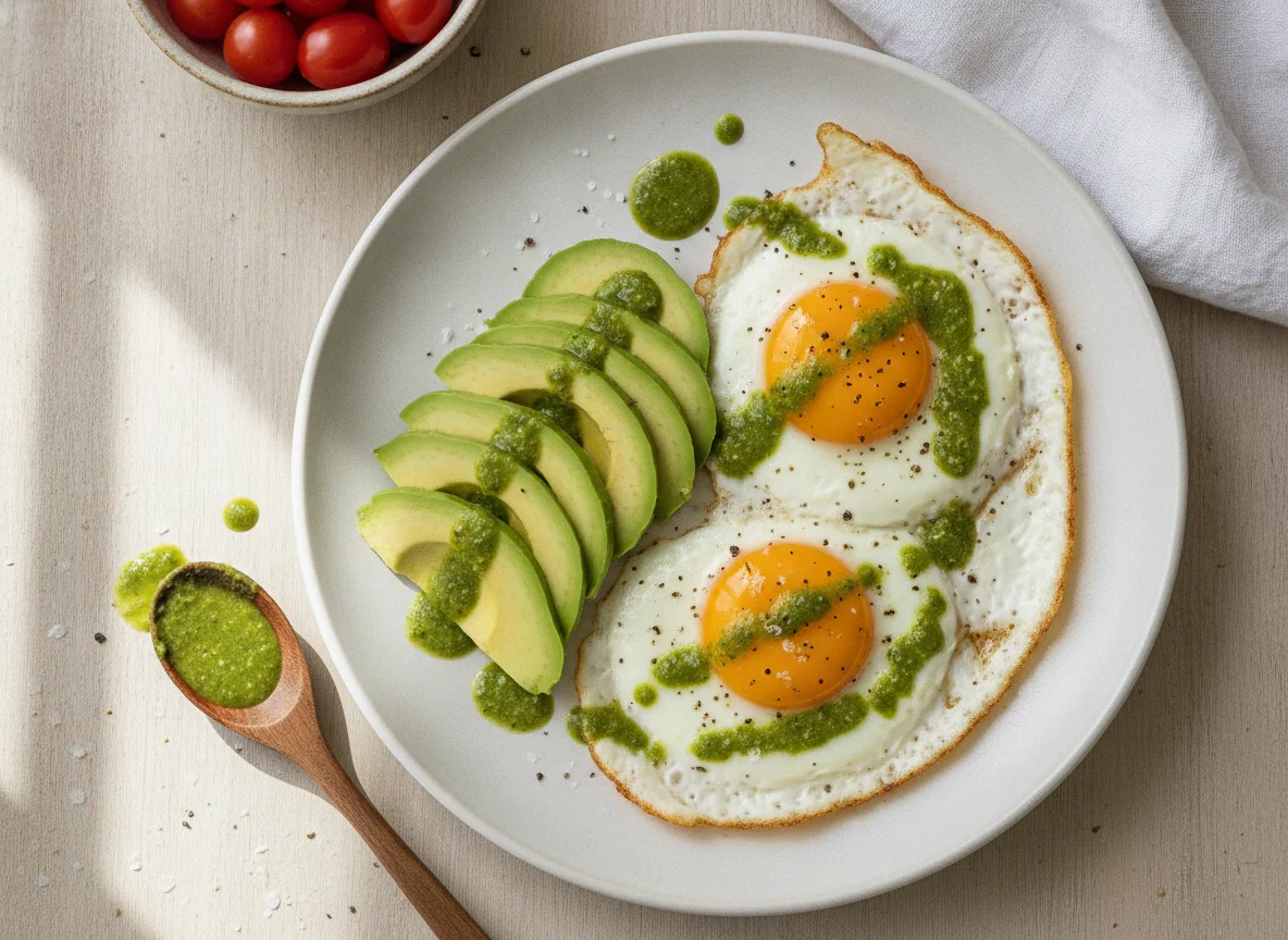 Fried eggs with avocado and hot sauce photo