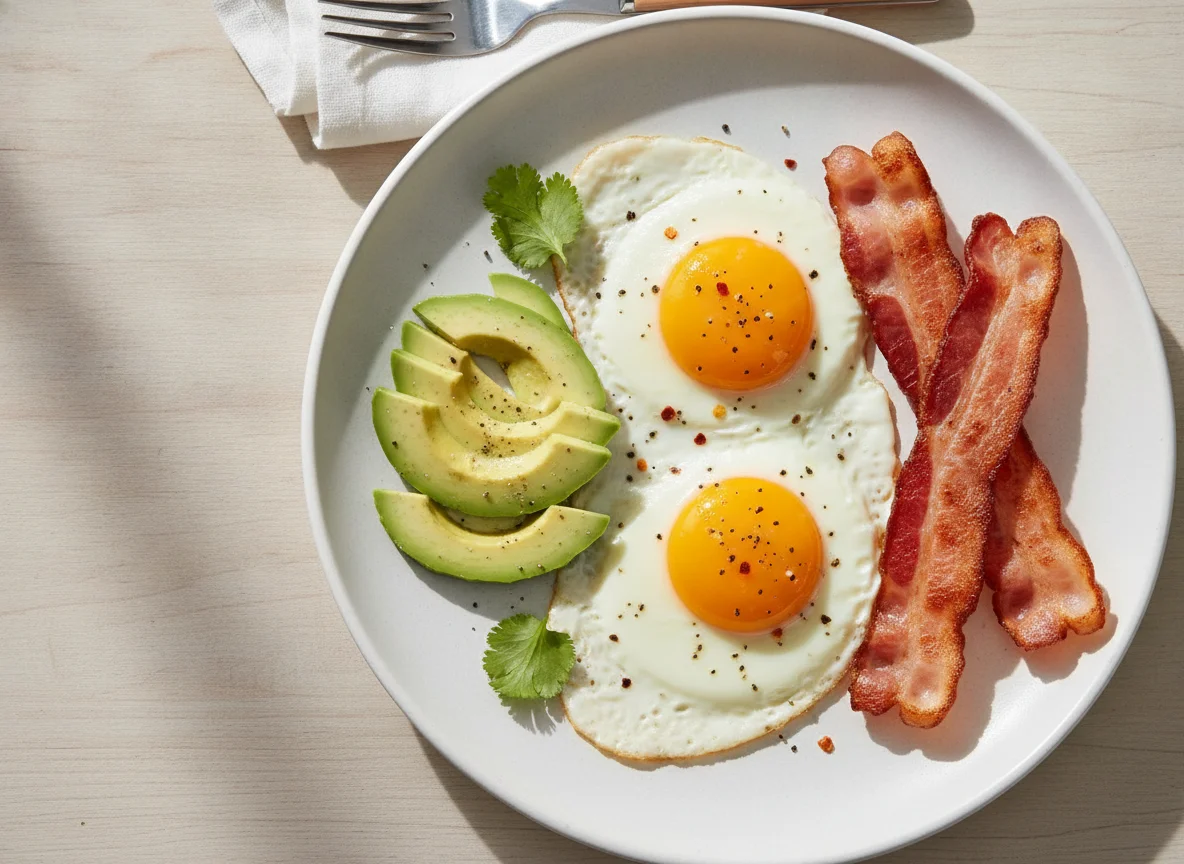 Fried eggs with avocado and turkey bacon photo