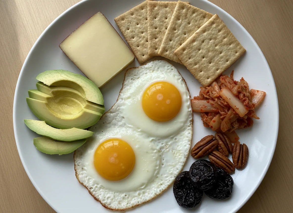 Fried eggs with avocado, crackers, and kimchi photo