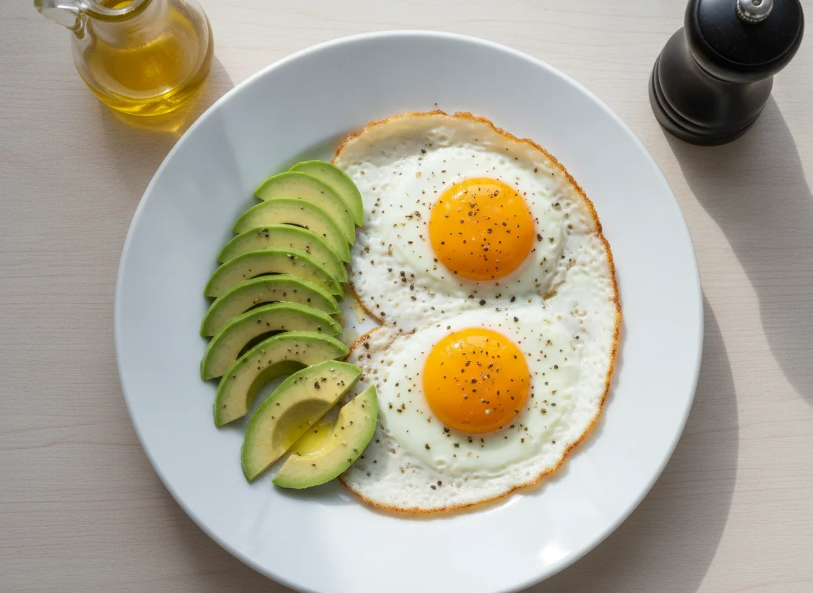 Fried eggs with avocado photo