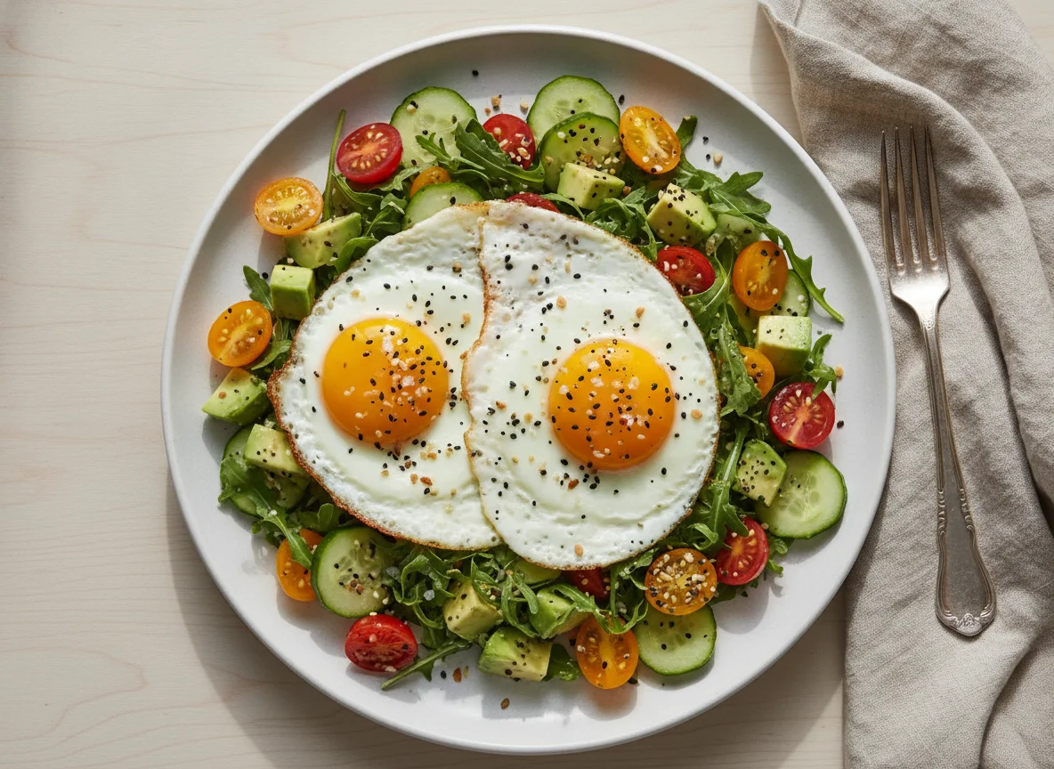 Fried eggs with avocado salad and vegetables photo
