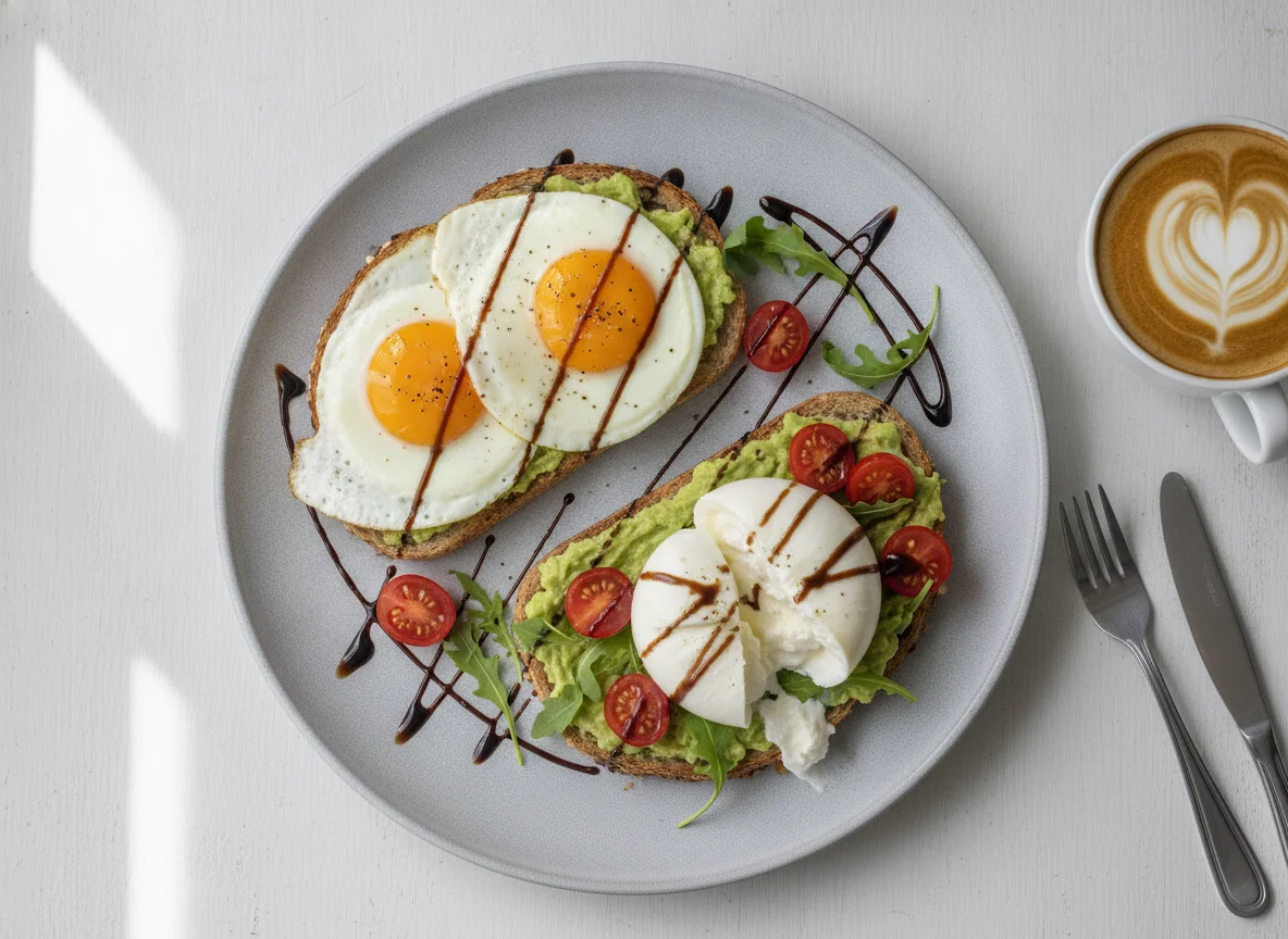 Fried eggs with avocado toast, burrata, and tomatoes photo