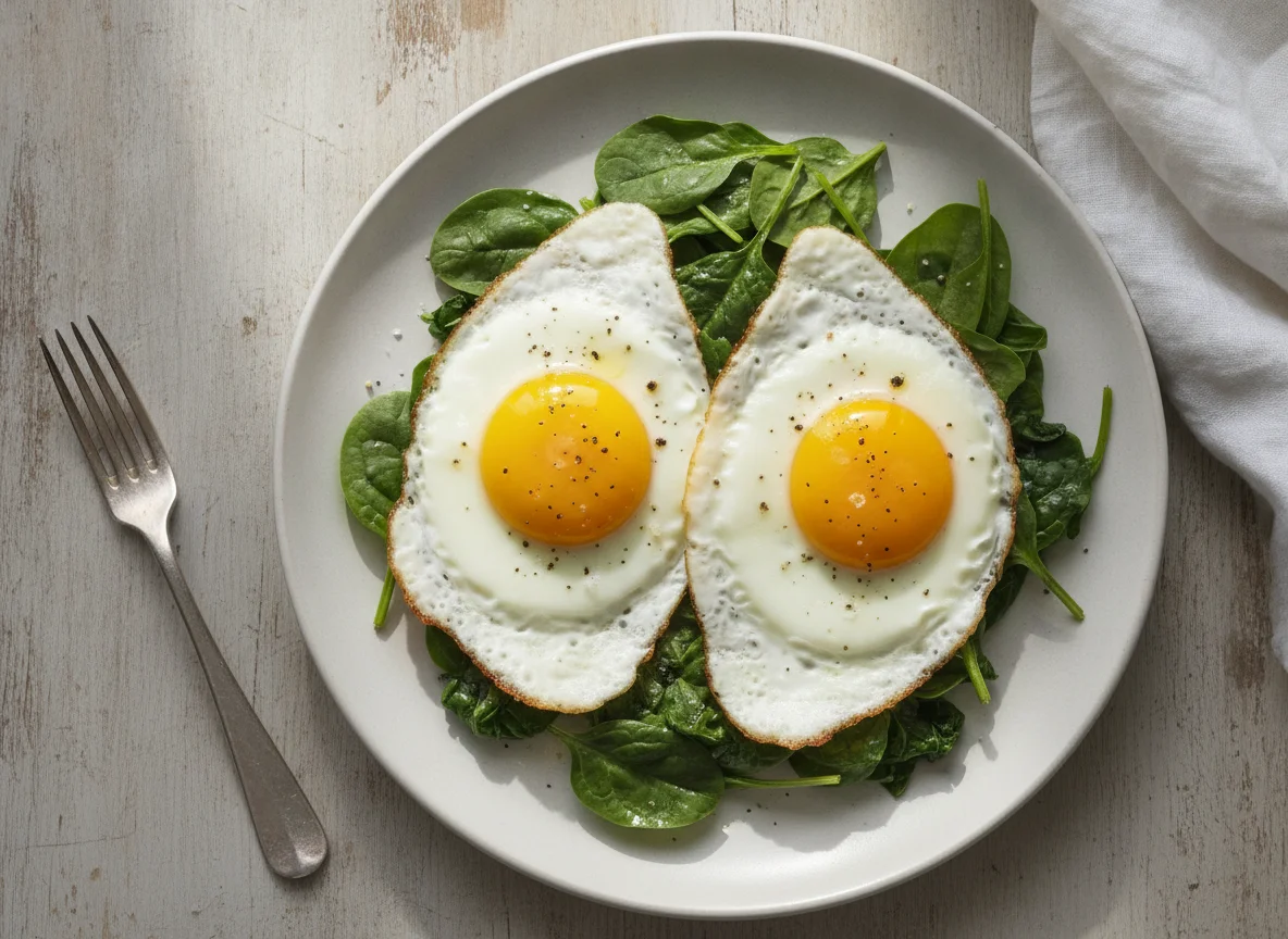 Fried eggs with baby spinach photo