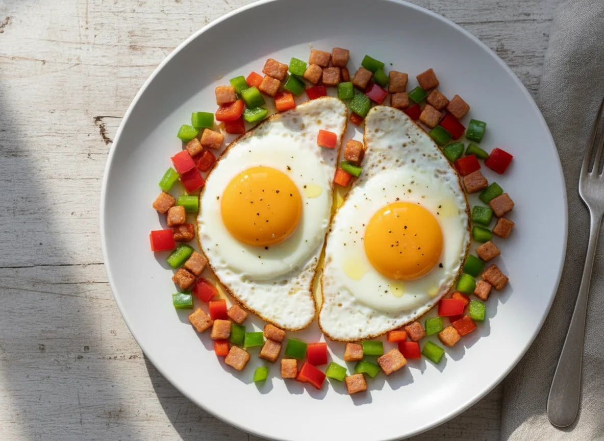 Fried Eggs with Bacon and Bell Peppers photo