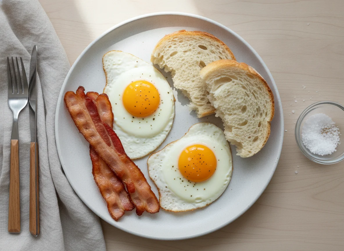 Fried eggs with bacon and bread photo