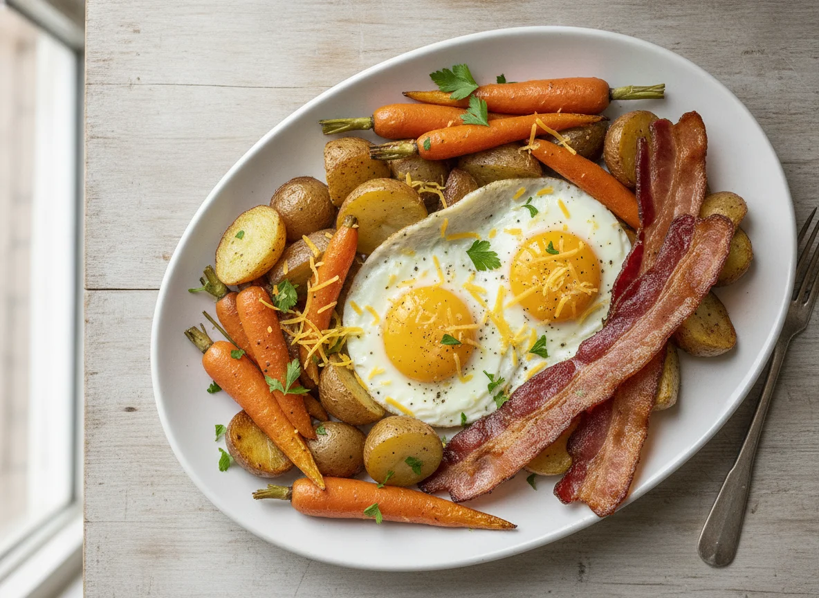 Fried eggs with bacon and roasted root vegetables photo