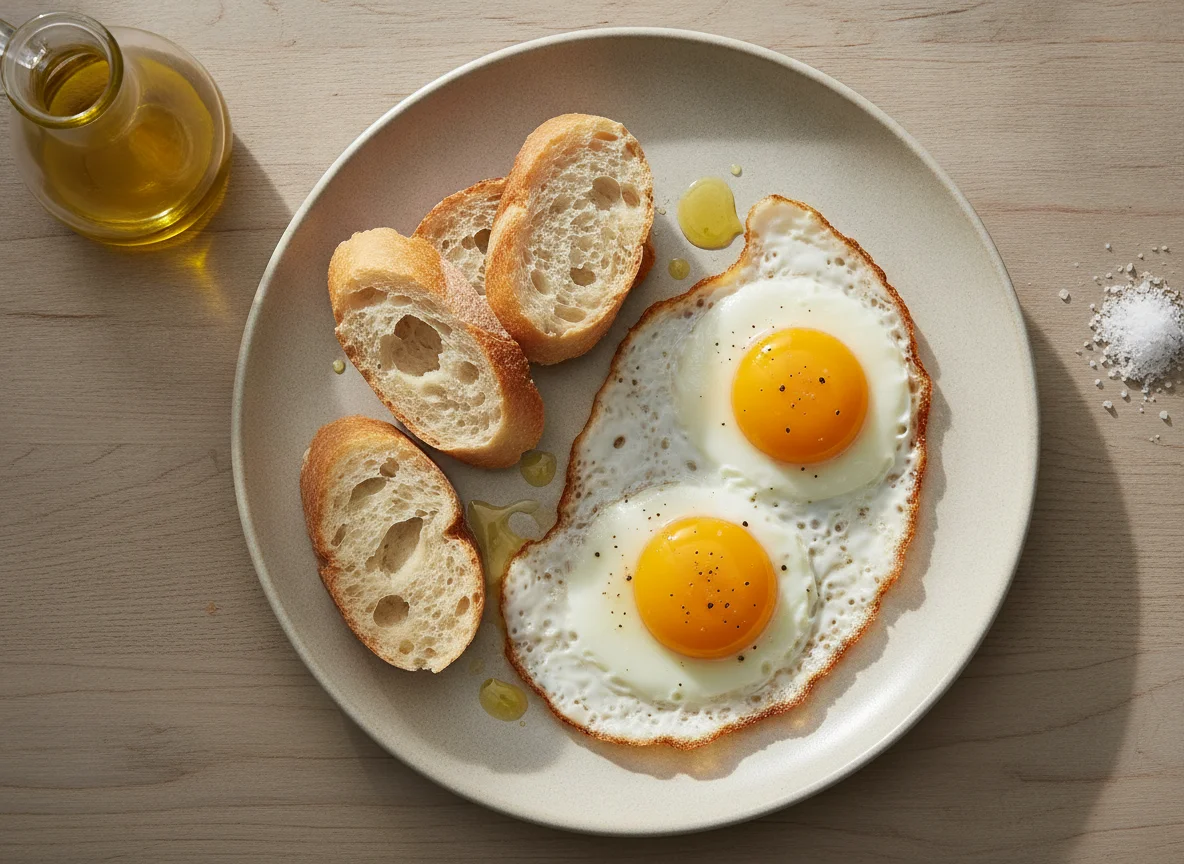 Fried eggs with baguette photo