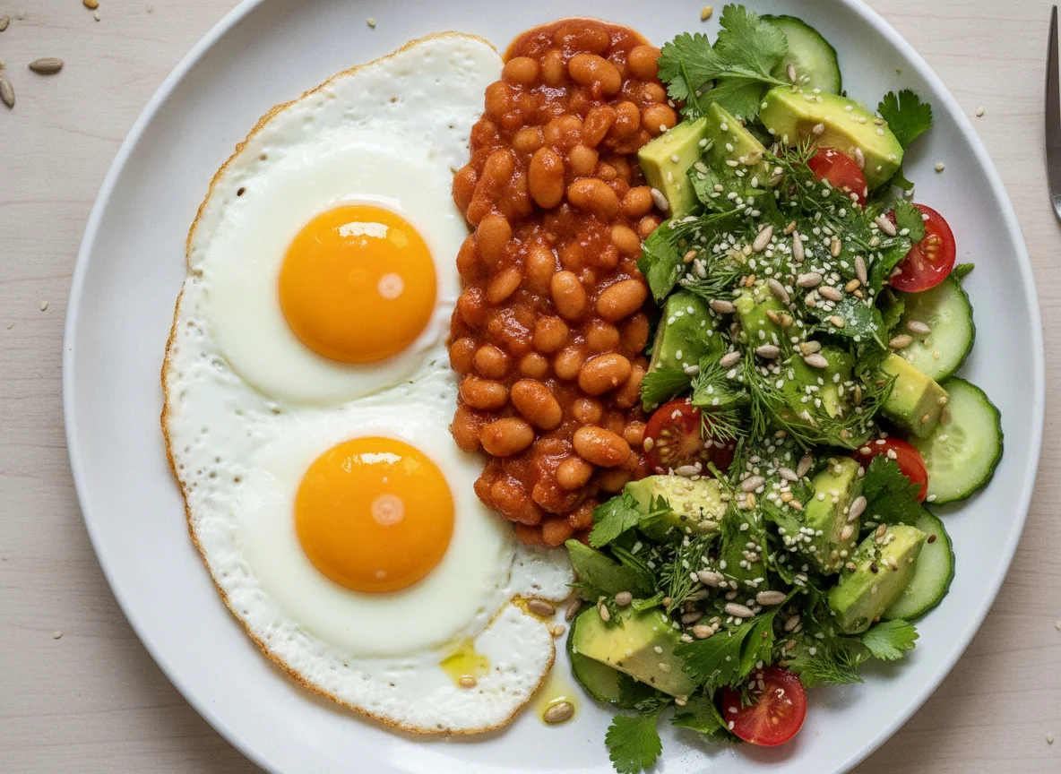 Fried eggs with baked beans and avocado herb salad photo