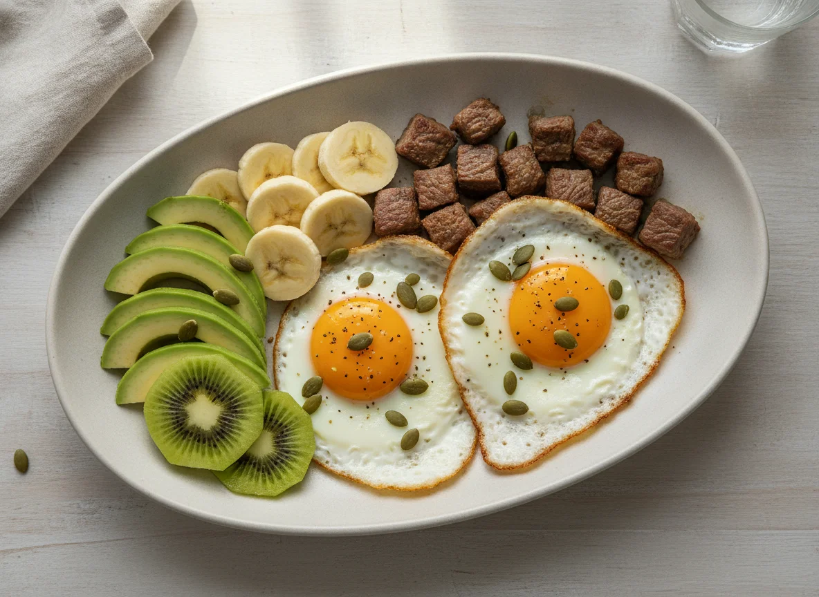 Fried eggs with beef, avocado, kiwi and banana photo