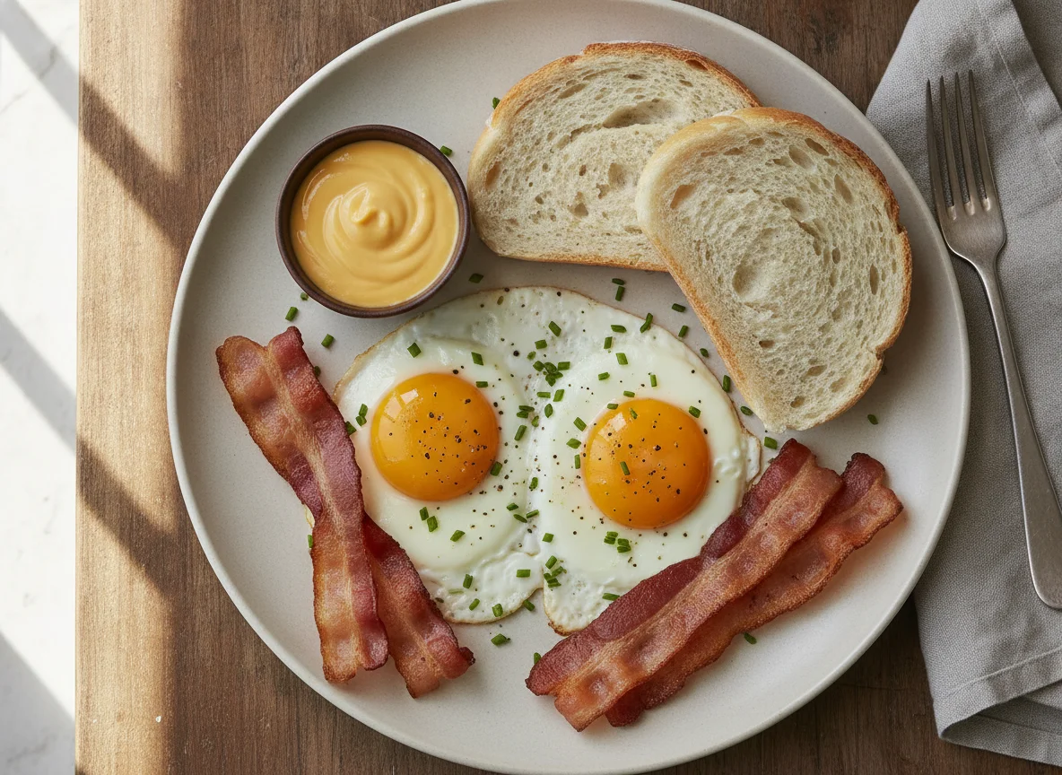 Fried eggs with bread and bacon photo