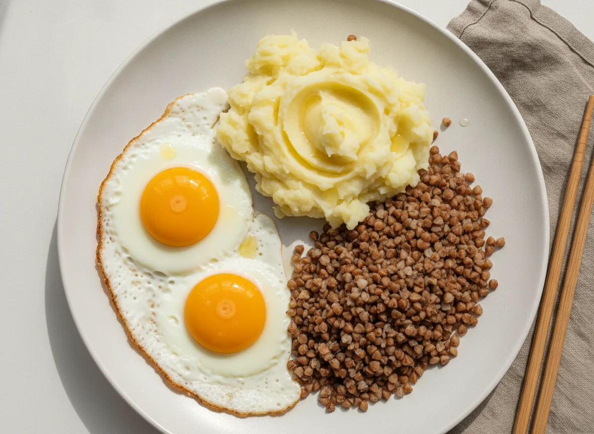 Fried eggs with buckwheat and mashed potatoes photo