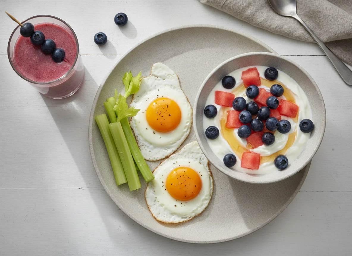 Fried eggs with celery, yogurt bowl and fruit smoothie photo