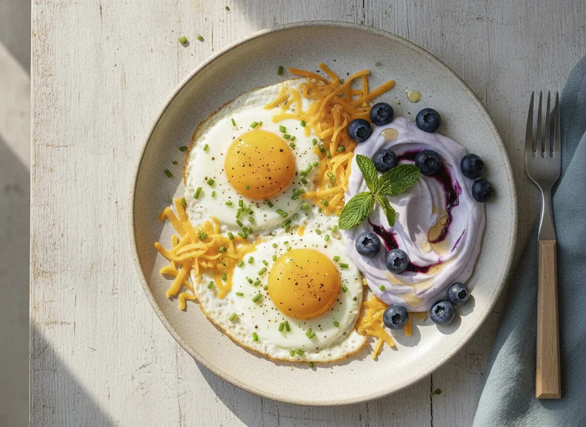 Fried eggs with cheddar cheese and blueberry yogurt photo