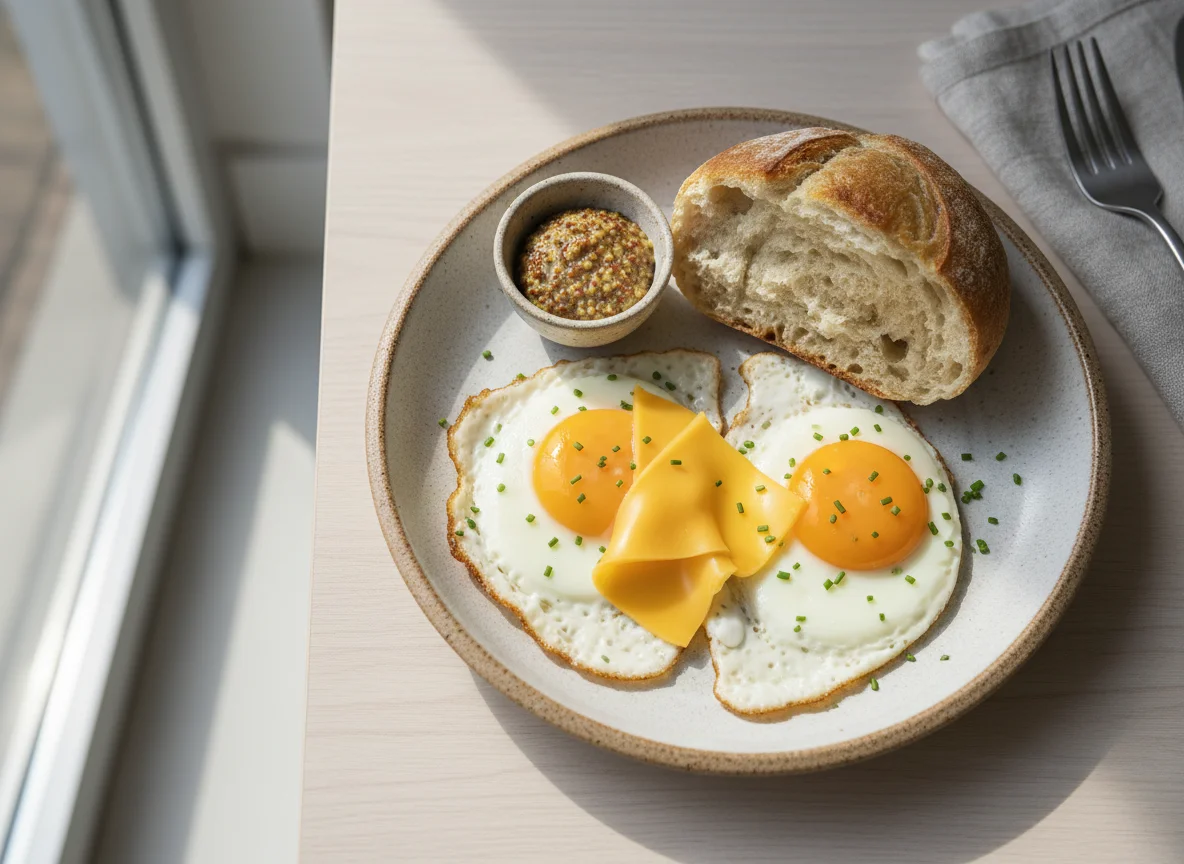 Fried Eggs with Cheese and Bread photo