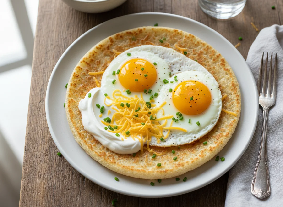 Fried Eggs with Cheese and Cream on Tapioca photo