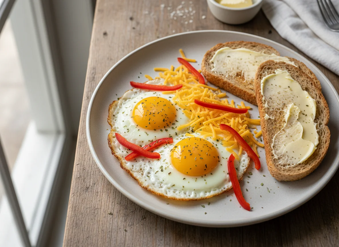 Fried Eggs with Cheese and Toast photo