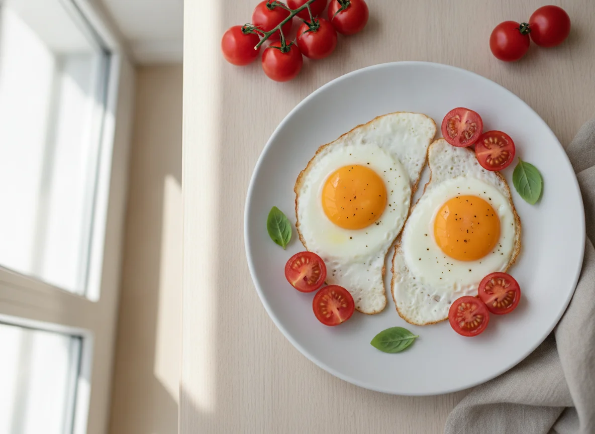 Fried eggs with cherry tomatoes photo