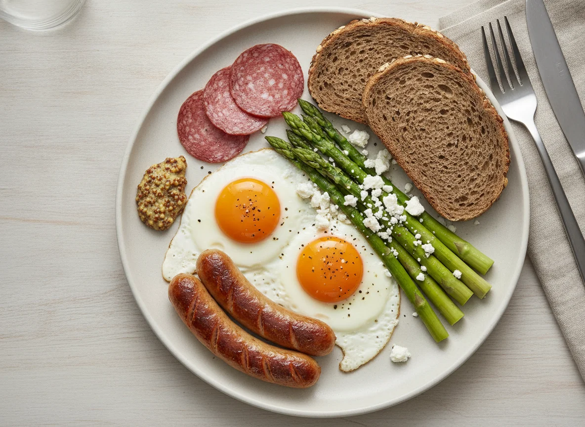 Fried eggs with chicken sausages, asparagus, and rye bread photo