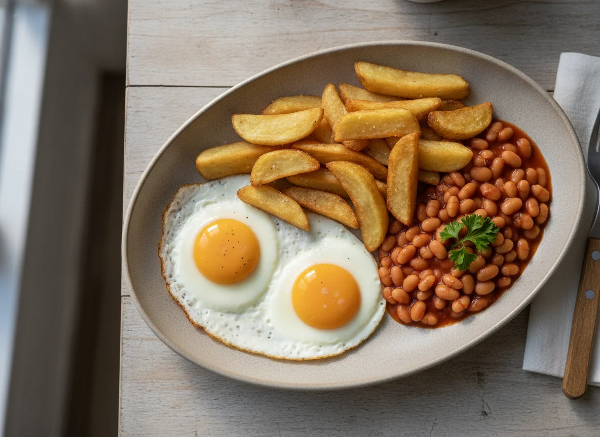 Fried eggs with chips and baked beans photo
