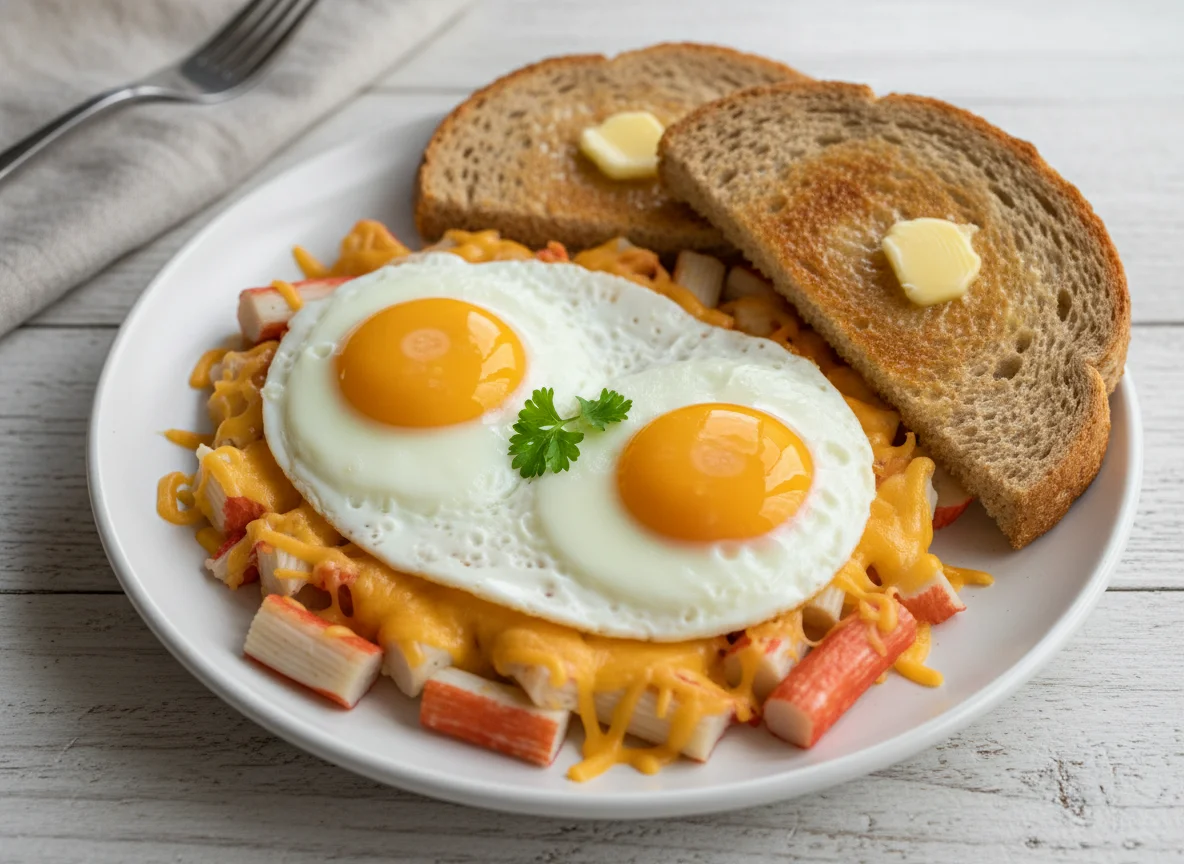 Fried Eggs with Crab Sticks and Toast photo