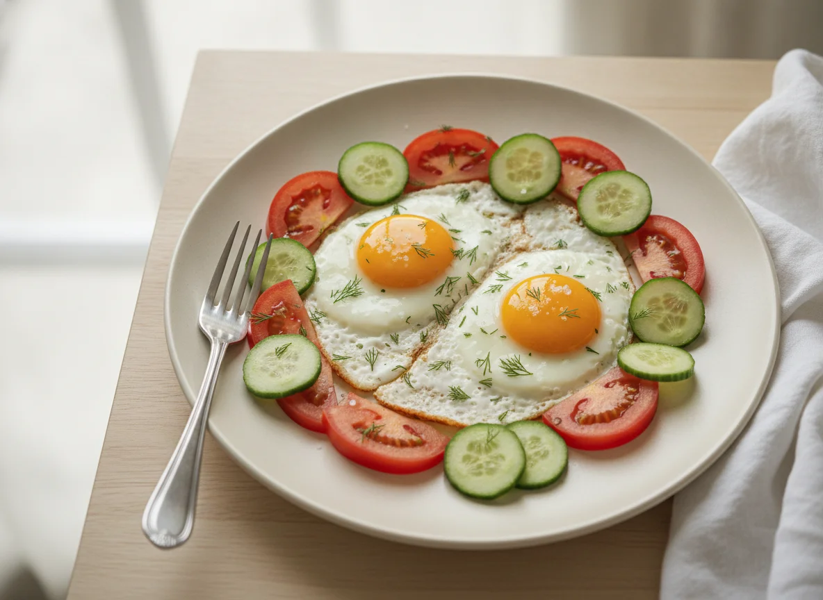 Fried Eggs with Cucumber and Tomato photo