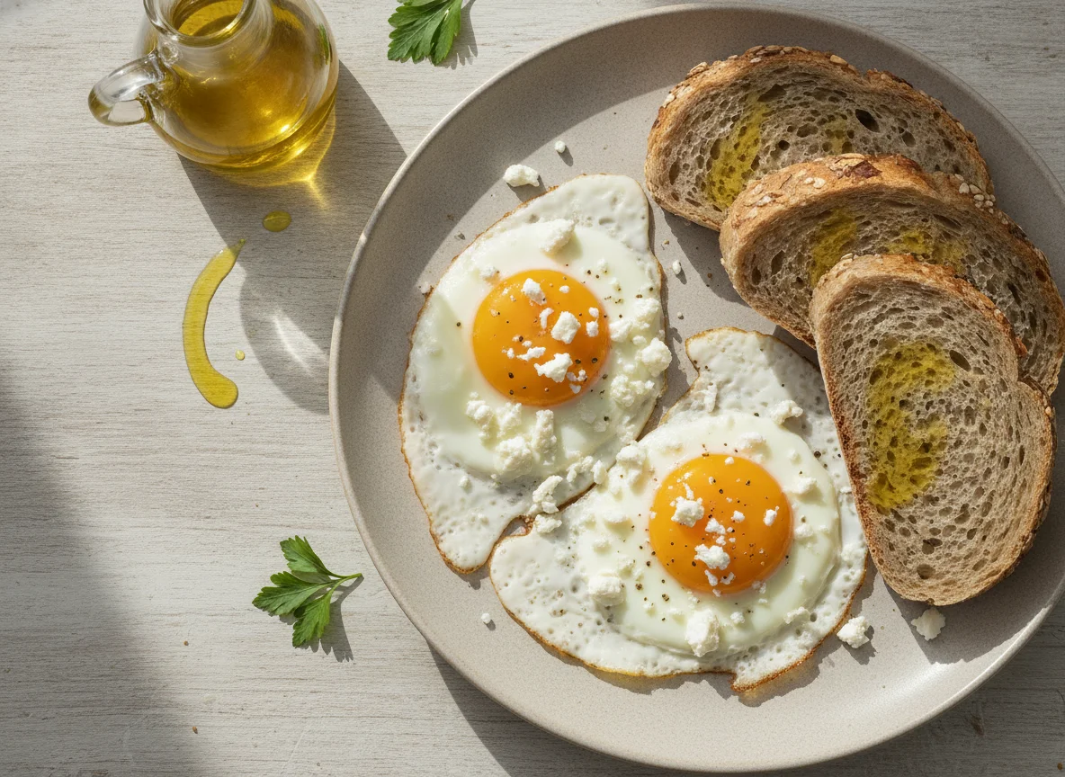 Fried eggs with feta cheese and whole grain bread photo