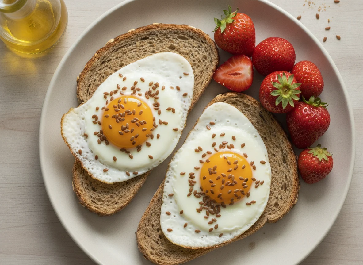 Fried eggs with flaxseeds, whole grain bread and strawberries photo