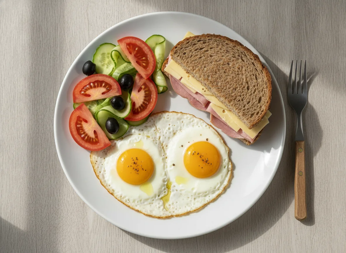 Fried eggs with fresh salad and ham sandwich photo