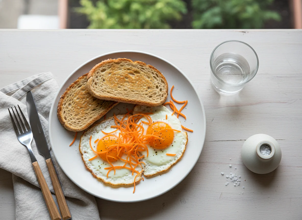 Fried Eggs with Grated Carrot and Toast photo
