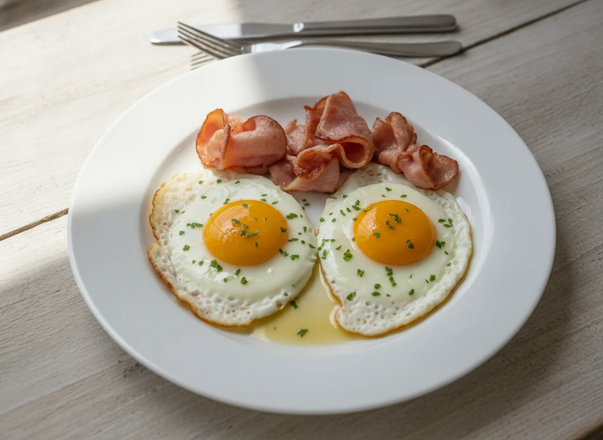 Fried eggs with ham photo