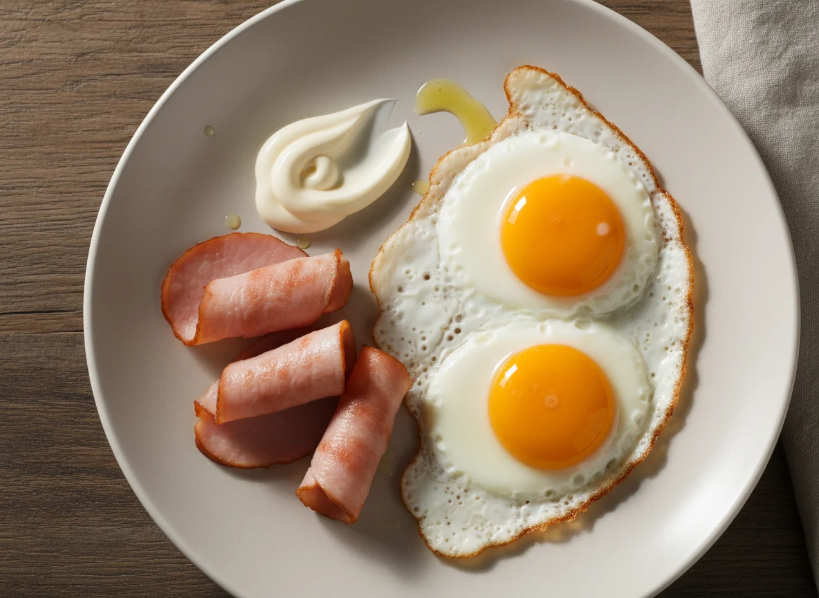 Fried eggs with ham and mayonnaise photo