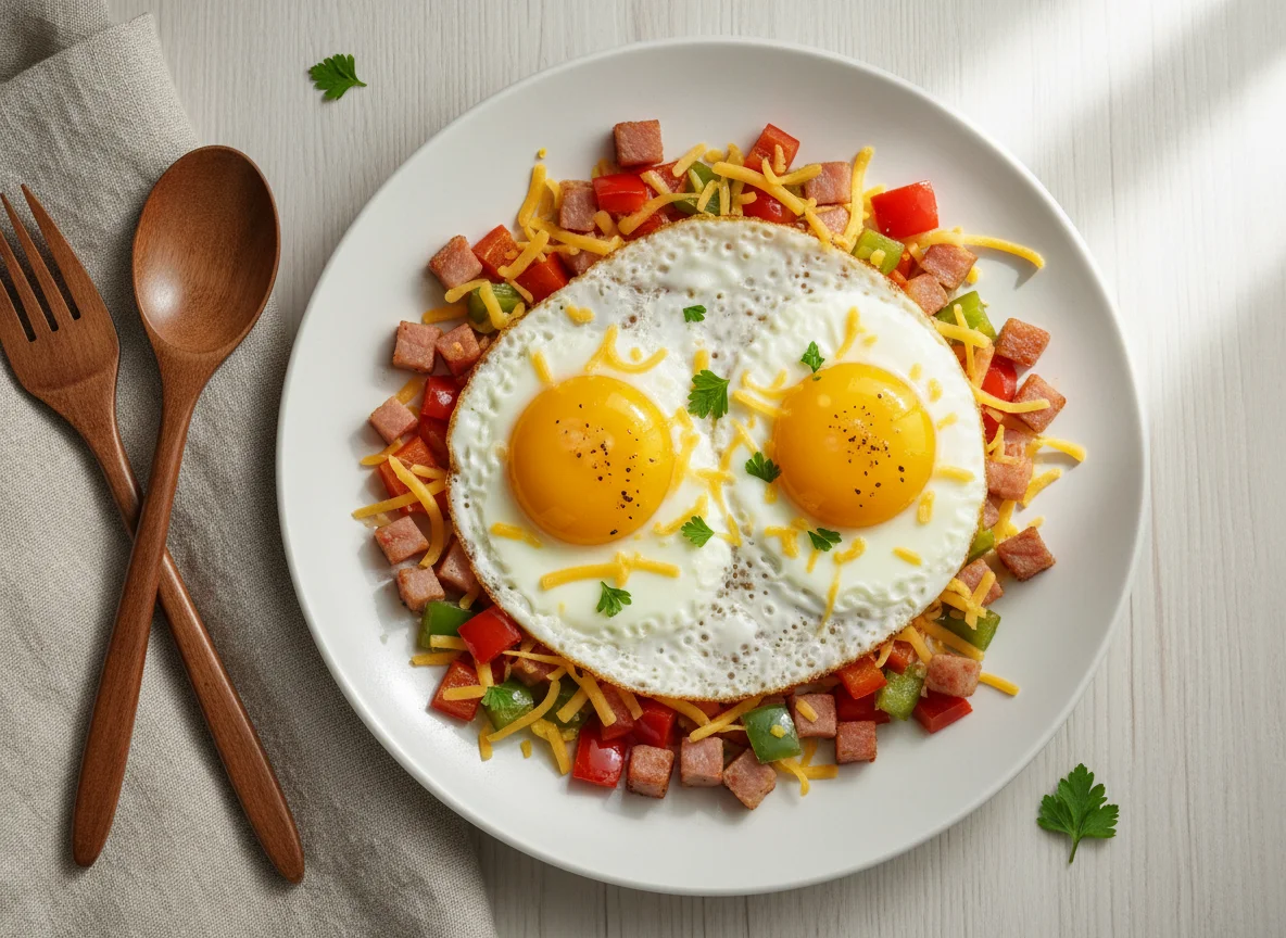 Fried Eggs with Ham, Peppers, and Cheese photo