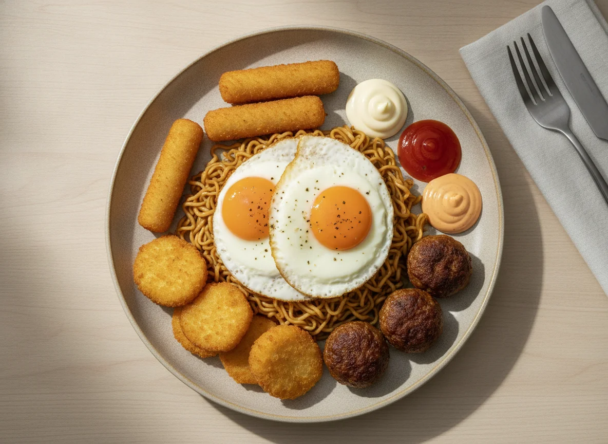 Fried eggs with noodles and breaded snacks photo