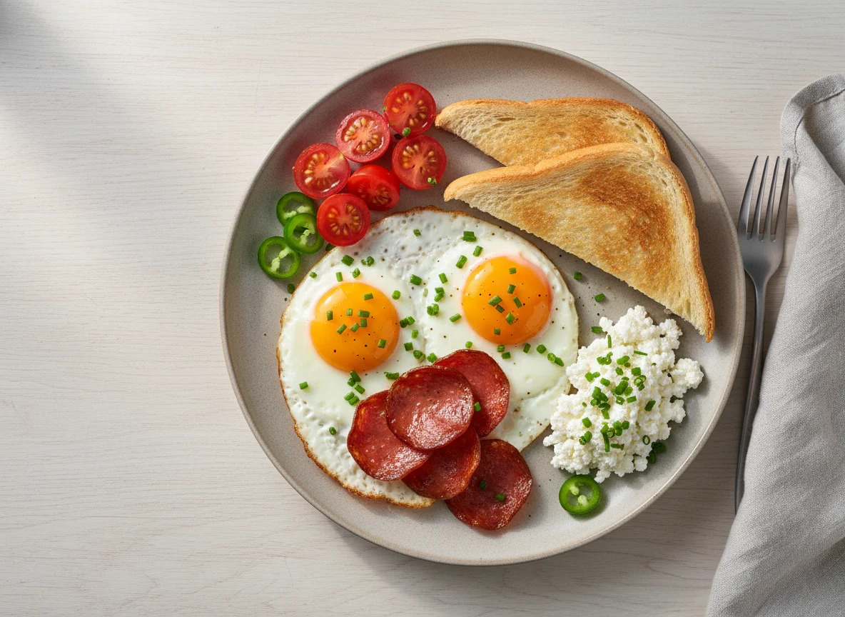 Fried eggs with pepperoni, toast, and cottage cheese photo