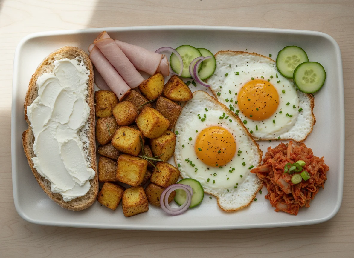 Fried eggs with potatoes, sourdough bread, ham, and kimchi photo