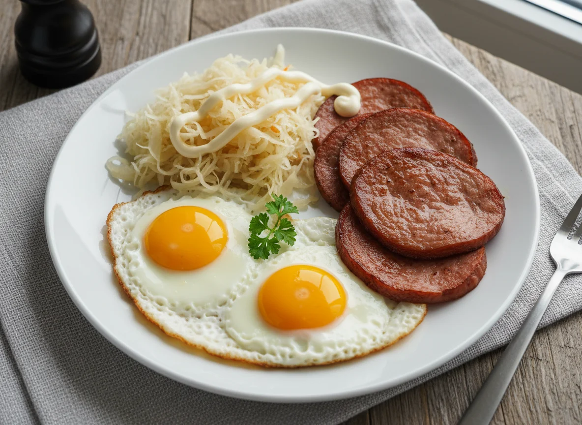 Fried Eggs with Processed Meat and Sauerkraut photo