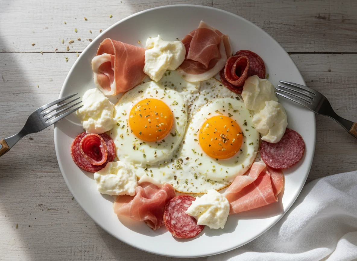 Fried Eggs with Prosciutto, Salami, and Cheese photo