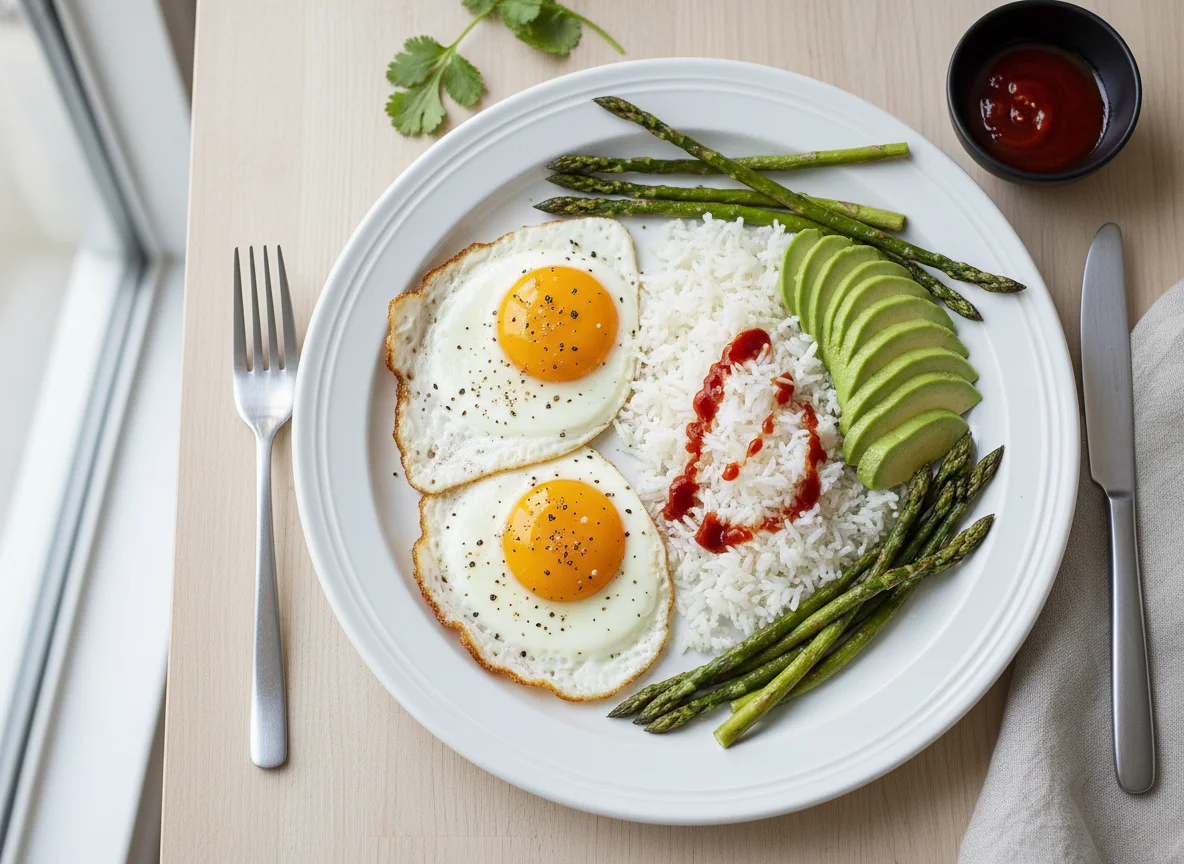 Fried eggs with rice, avocado, and asparagus photo