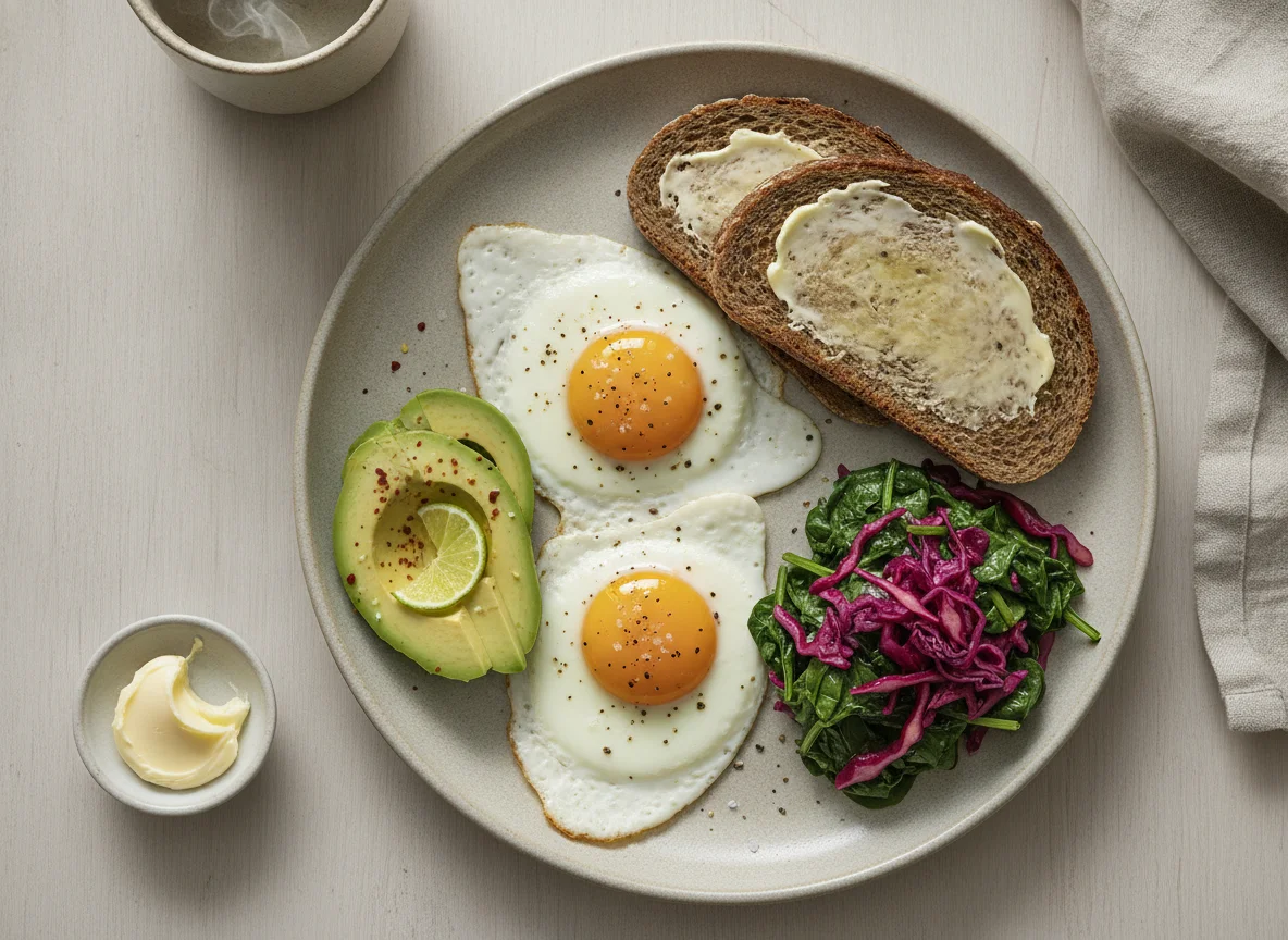 Fried eggs with rye bread, avocado, and sautéed vegetables photo