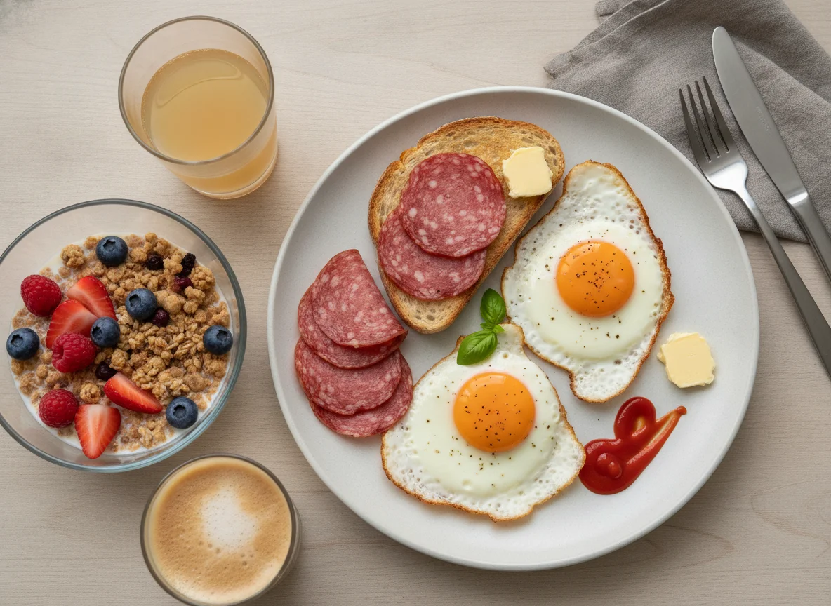 Fried eggs with salami toast and muesli photo