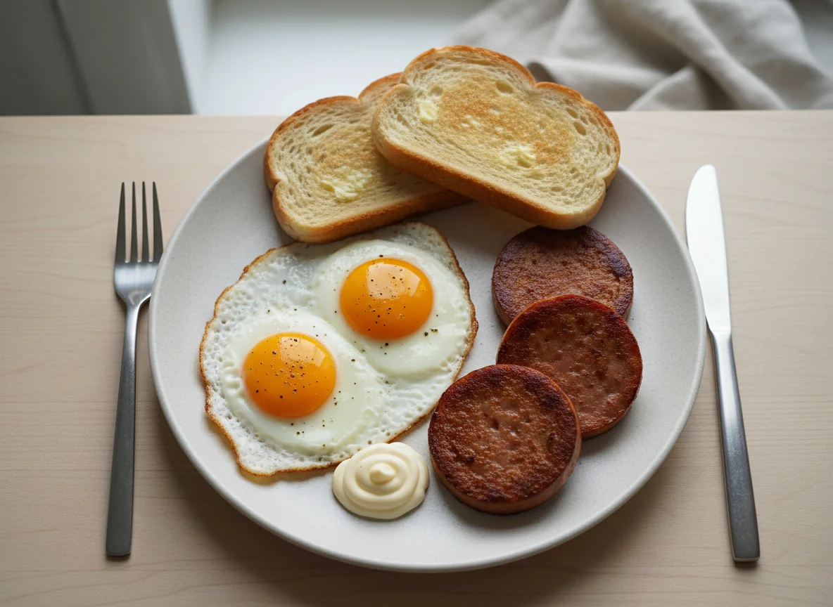 Fried Eggs with Sausage and Toast photo