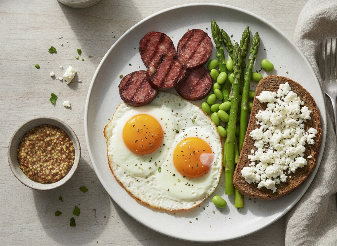 Fried eggs with sausage, asparagus, and side of rye bread with cheese photo