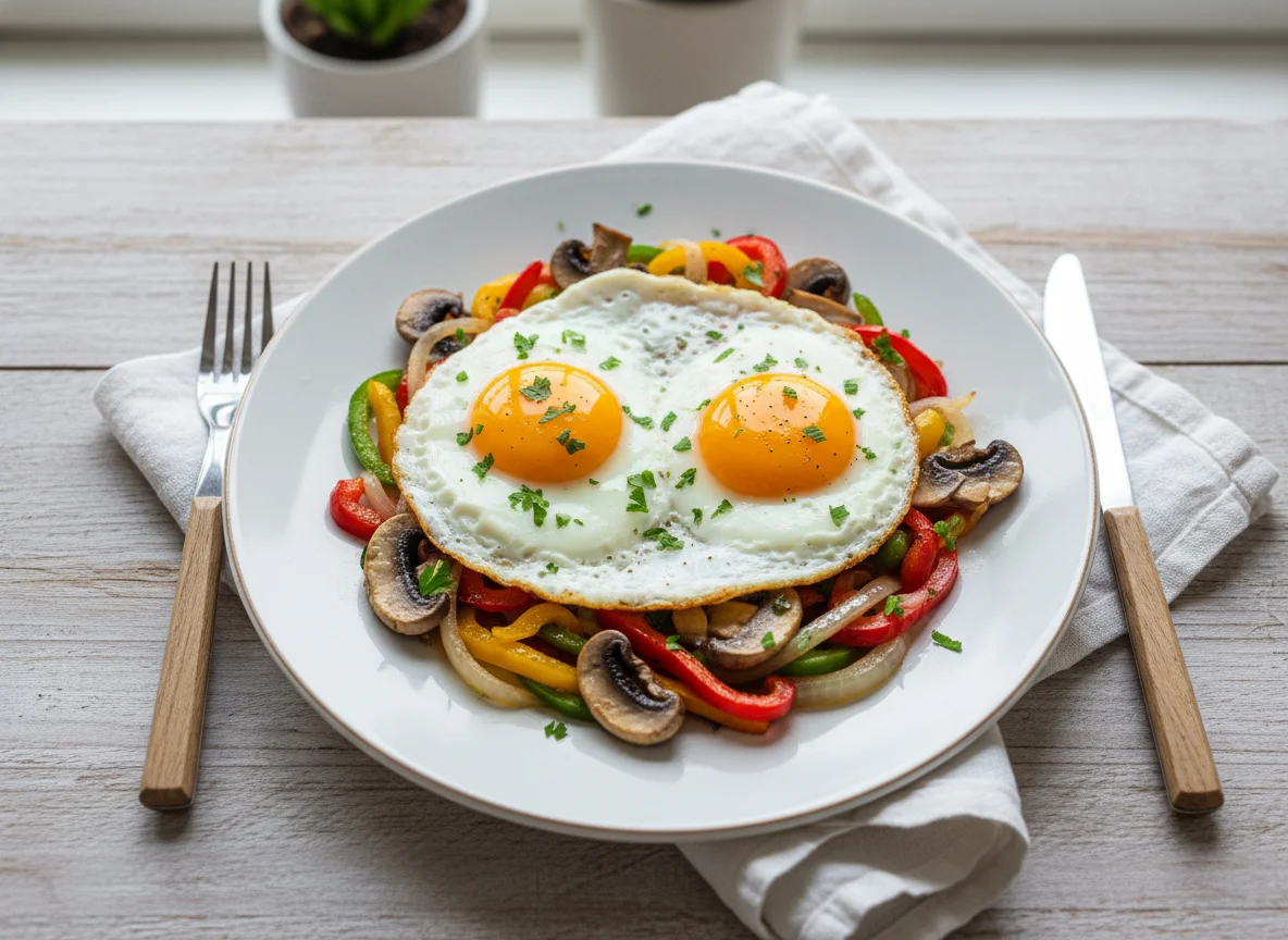Fried Eggs with Sautéed Vegetables photo