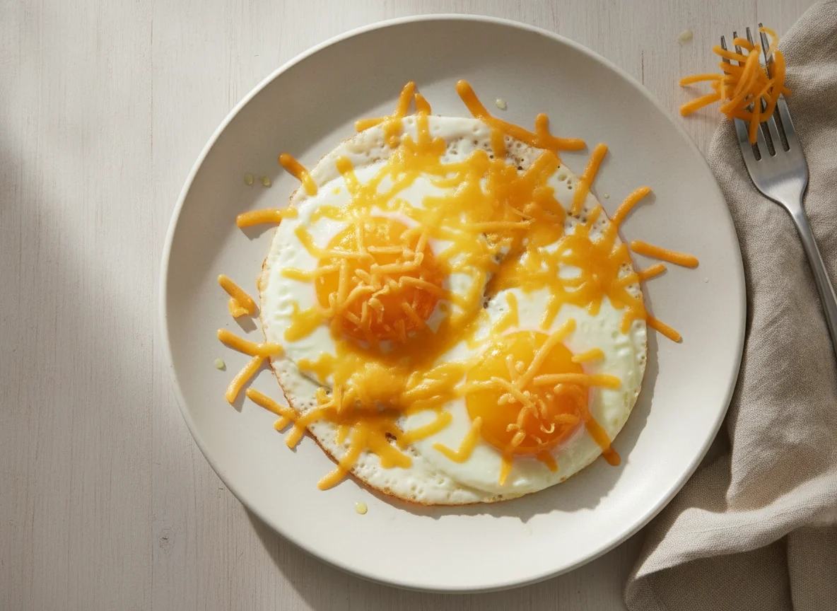 Fried eggs with shredded cheese photo