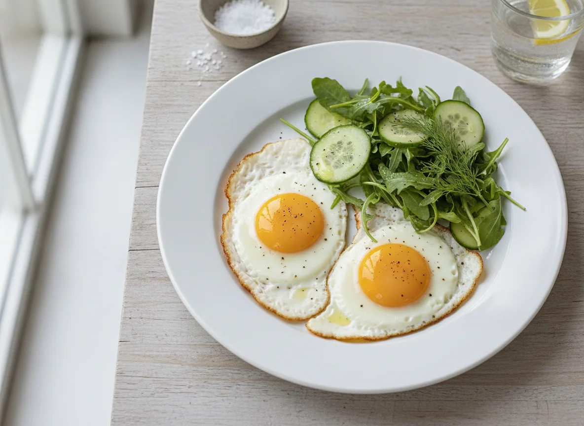 Fried eggs with side salad photo