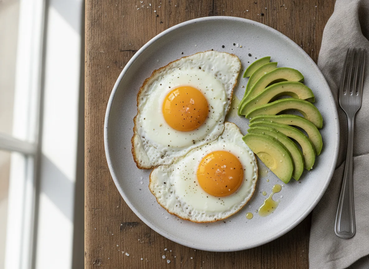 Fried eggs with sliced avocado photo